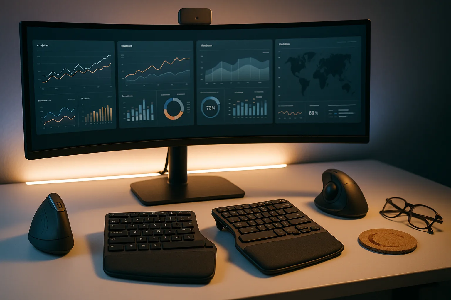 Modern ergonomic workspace with curved monitor, split keyboard, and dual pointing devices