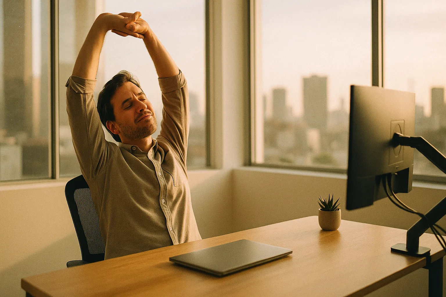 Person doing a seated overhead stretch at an ergonomic office desk with city skyline view