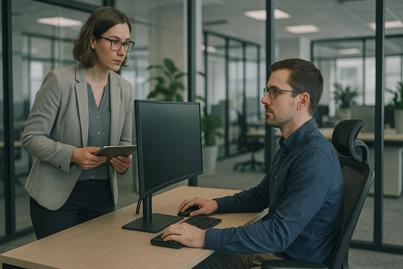 Ergonomic consultant assessing a worker's desk posture with a tablet in a modern office