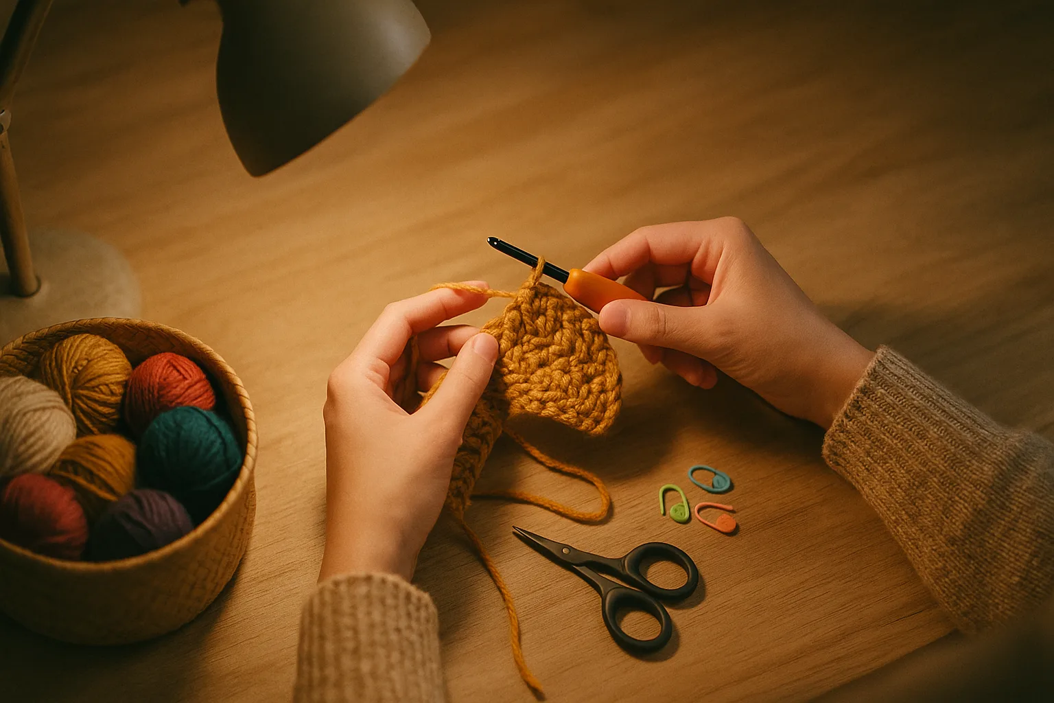 Overhead view of hands crocheting with ergonomic cushioned hooks and colorful yarn on a craft table