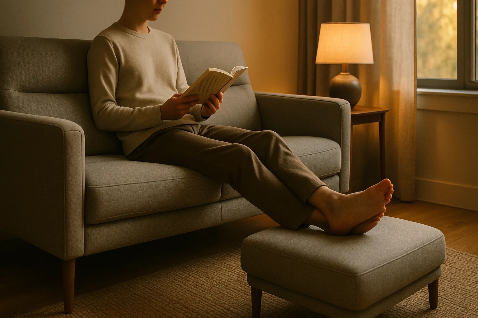 Person reading on an ergonomic sofa with lumbar support in a warm, well-lit living room