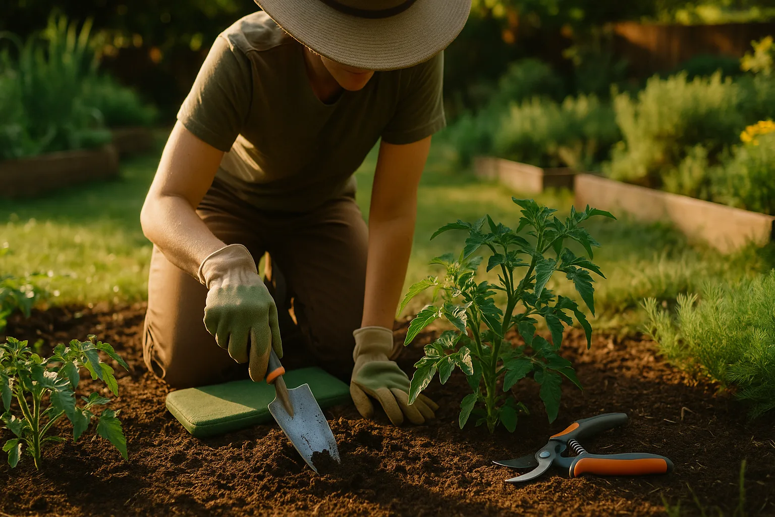 Gardener using ergonomic padded-handle tools in a lush backyard garden with raised beds