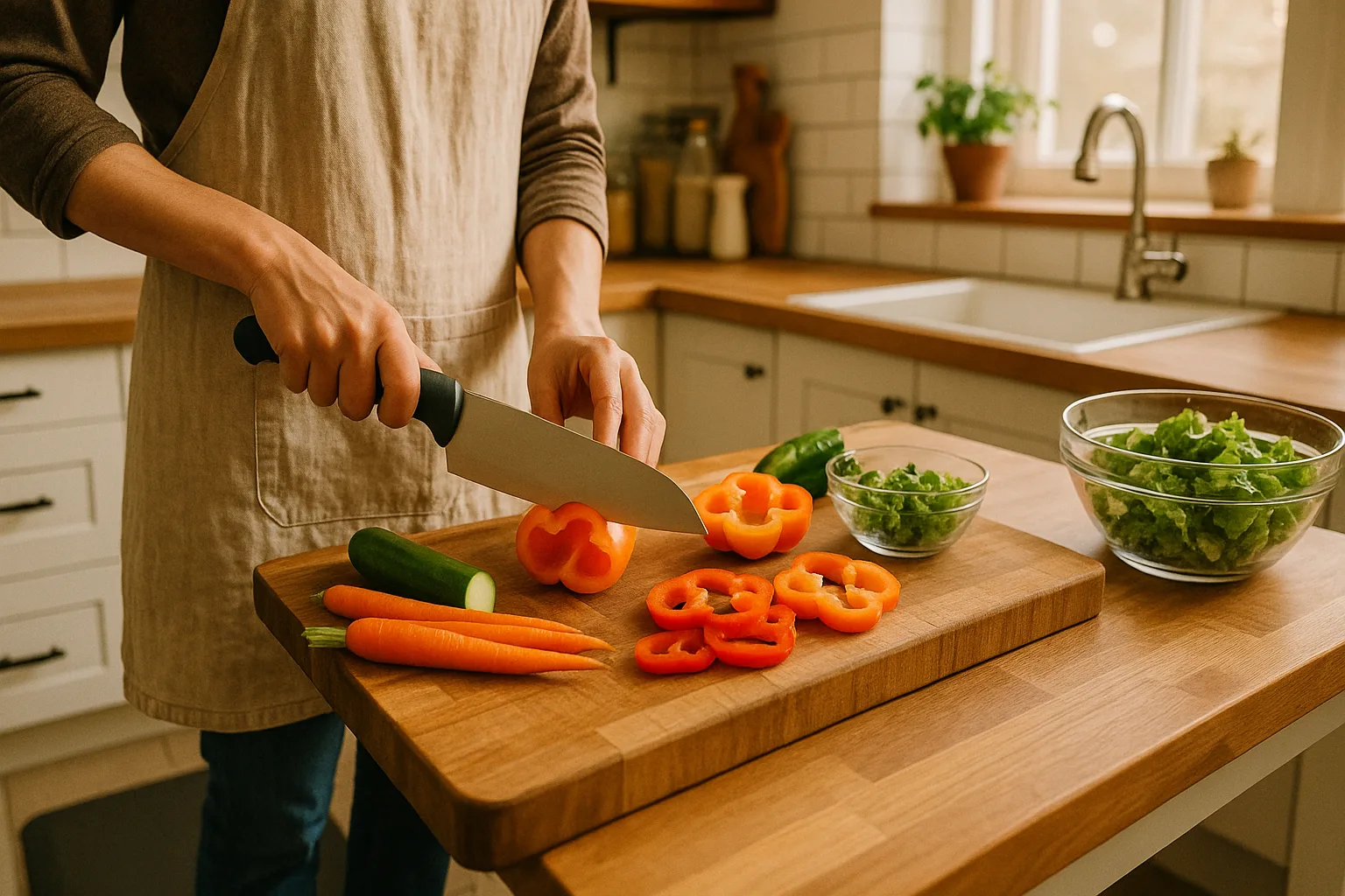 Person chopping vegetables with an ergonomic chef knife on a wooden cutting board in a bright modern kitchen