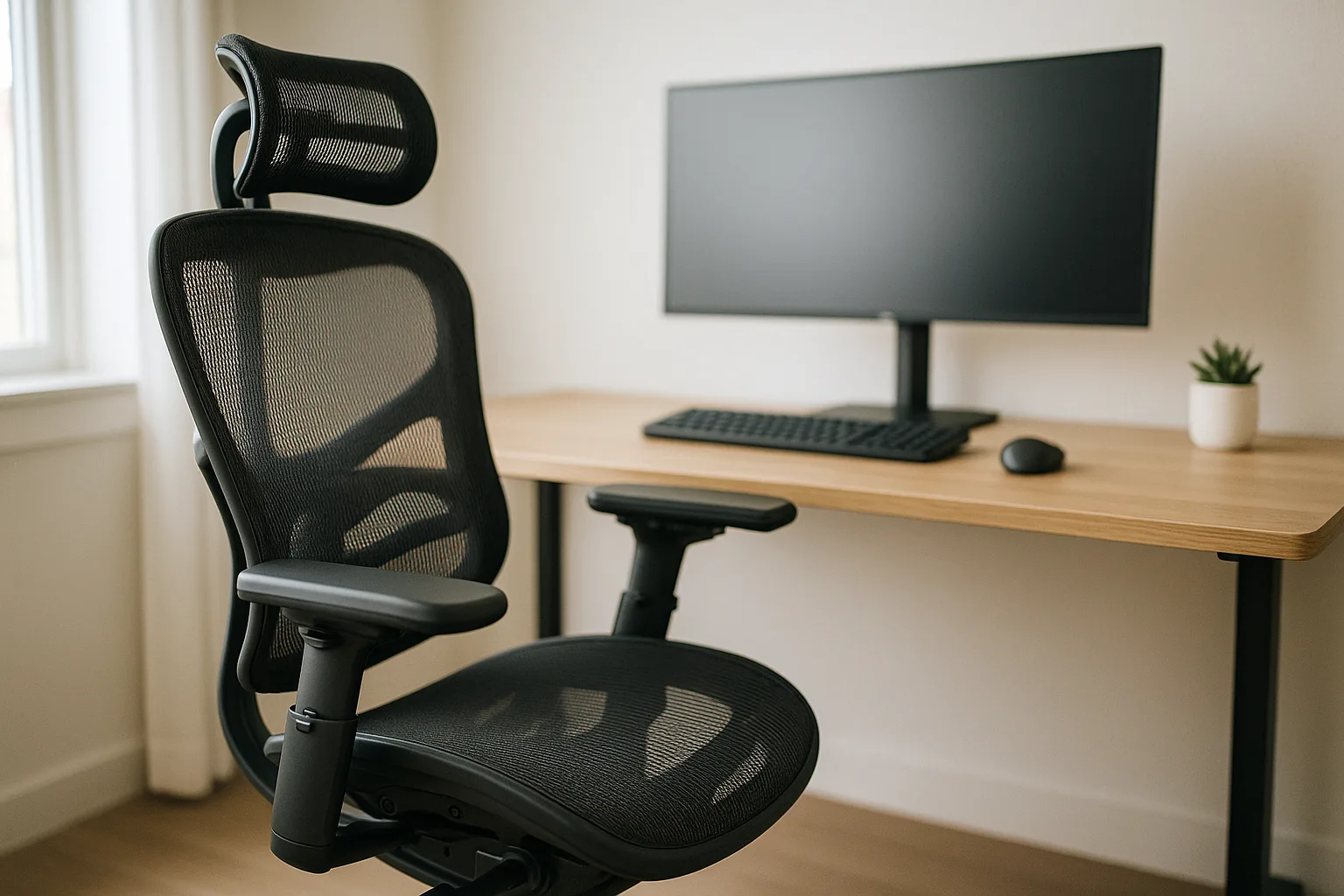 Ergonomic mesh office chair at a standing desk in a modern home office with natural light
