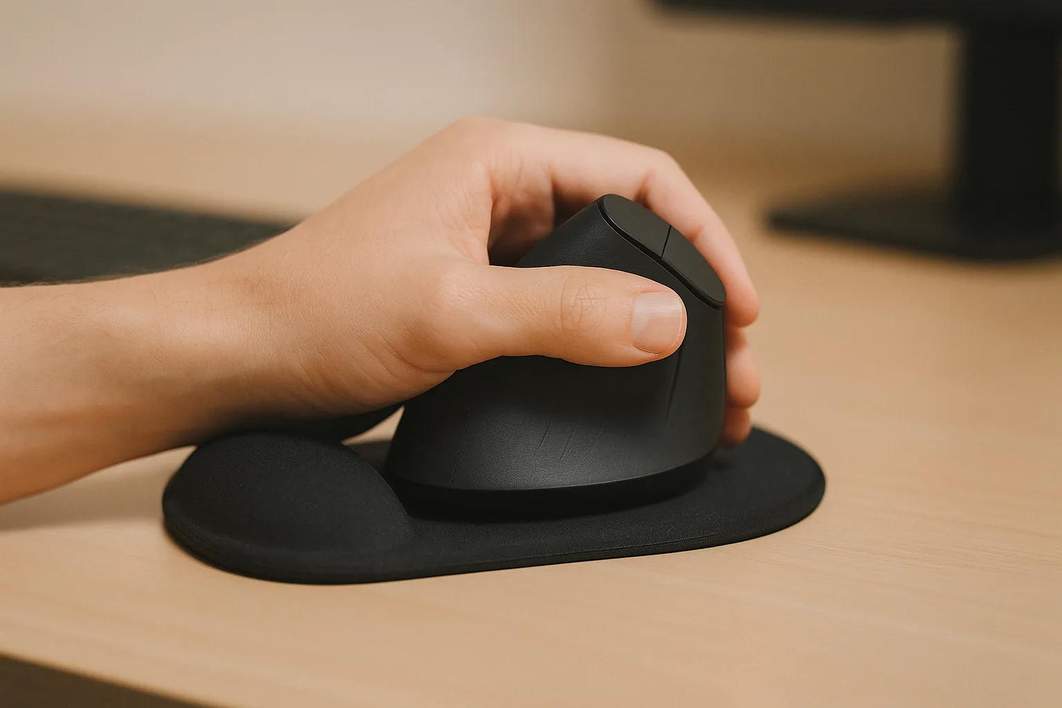 Close-up of a hand using a vertical ergonomic mouse on a wooden desk with gel wrist rest
