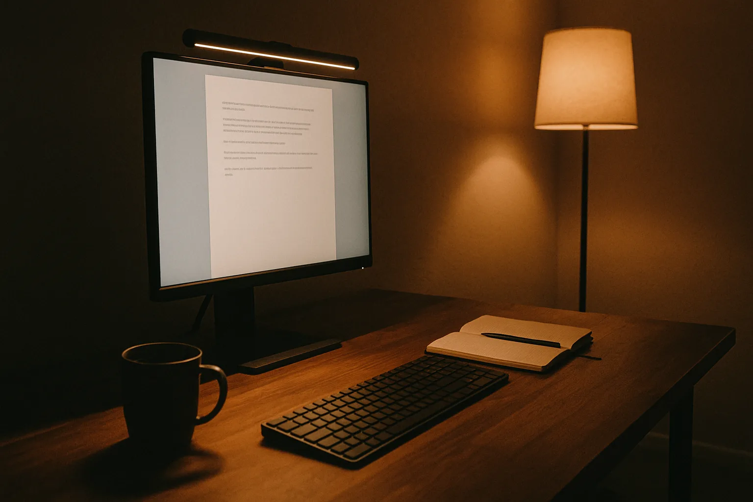 Monitor light bar illuminating a desk setup in a cozy evening home office