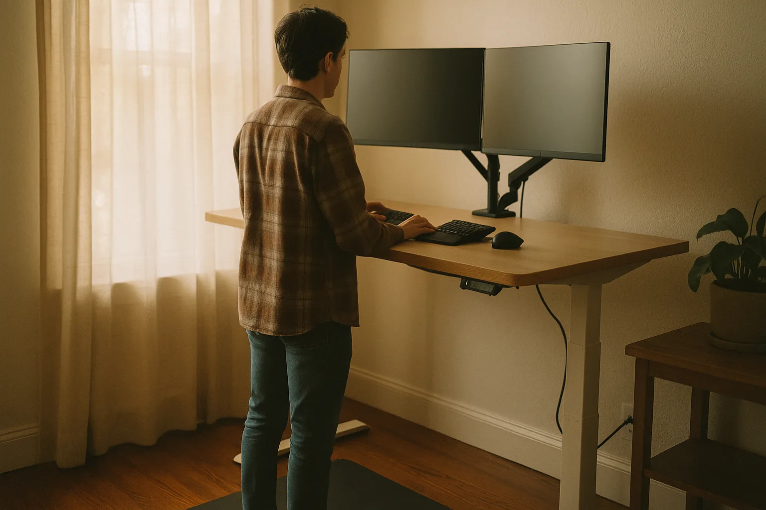 Person working at an electric sit-stand desk with dual monitors and ergonomic keyboard
