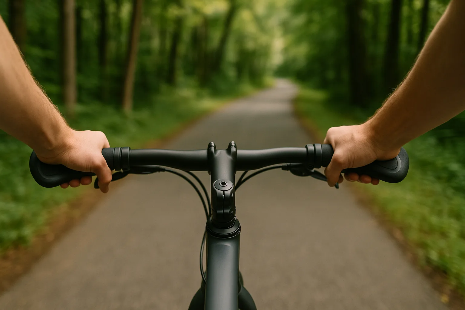 Cyclist's hands gripping ergonomic wing-shaped handlebar grips while riding on a wooded trail