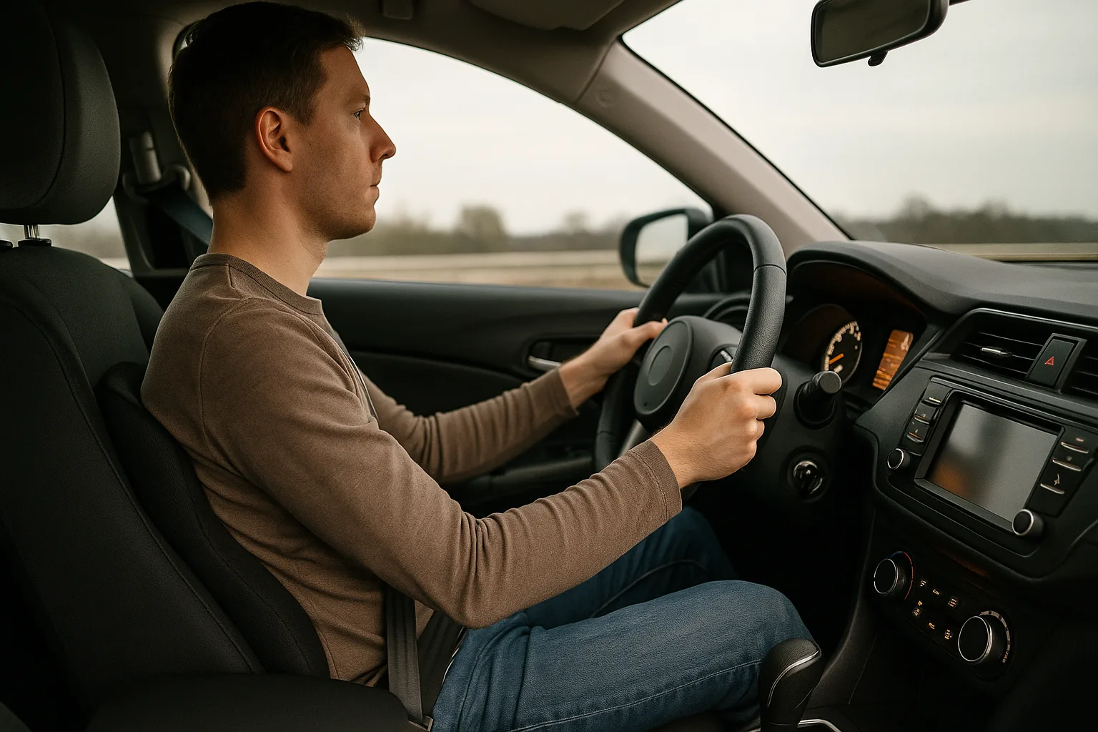 Driver with proper ergonomic posture, lumbar support cushion, and hands at 9-and-3 on a leather steering wheel
