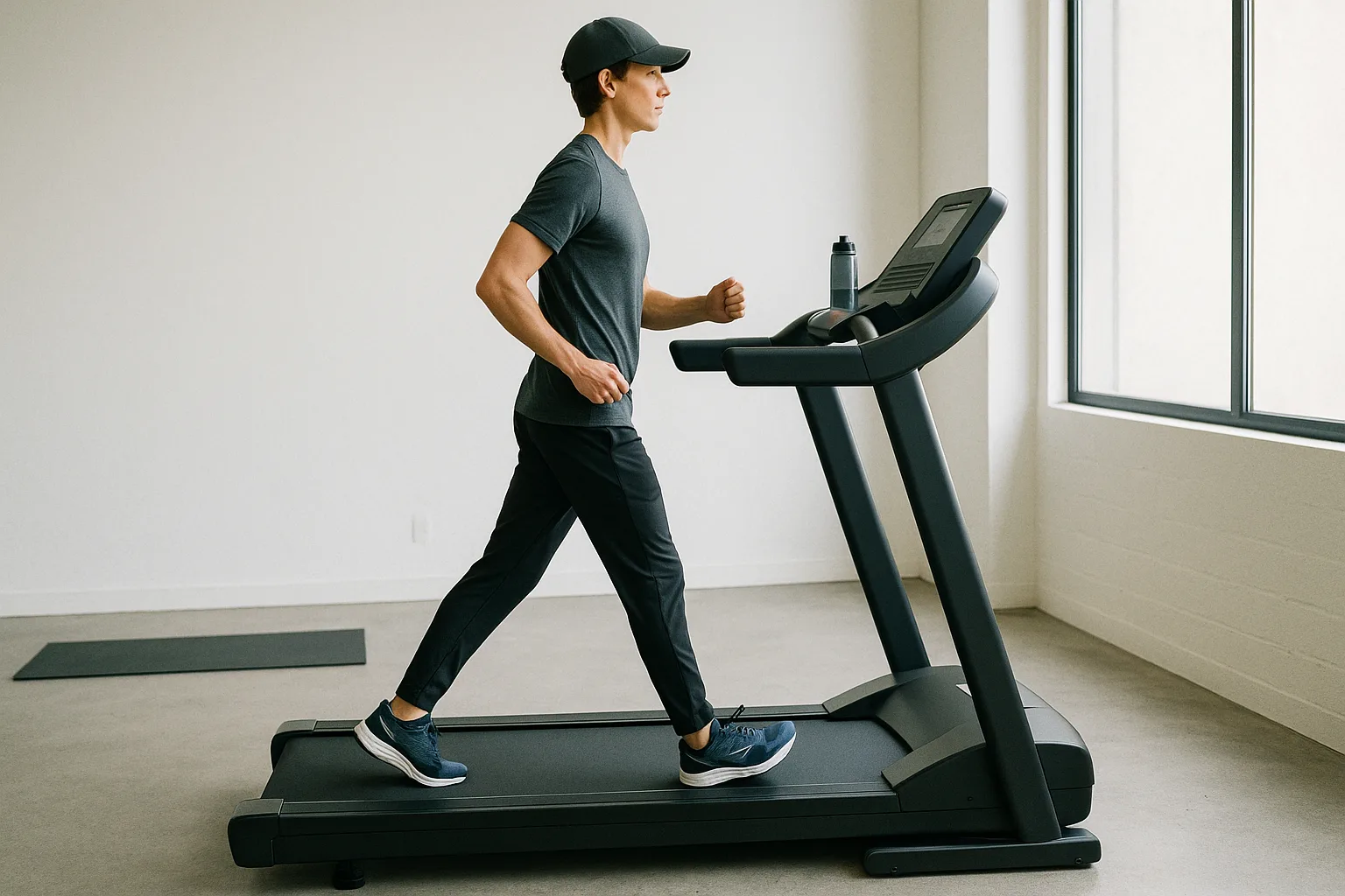 Person walking with proper posture on a cushioned home treadmill in a minimalist home gym