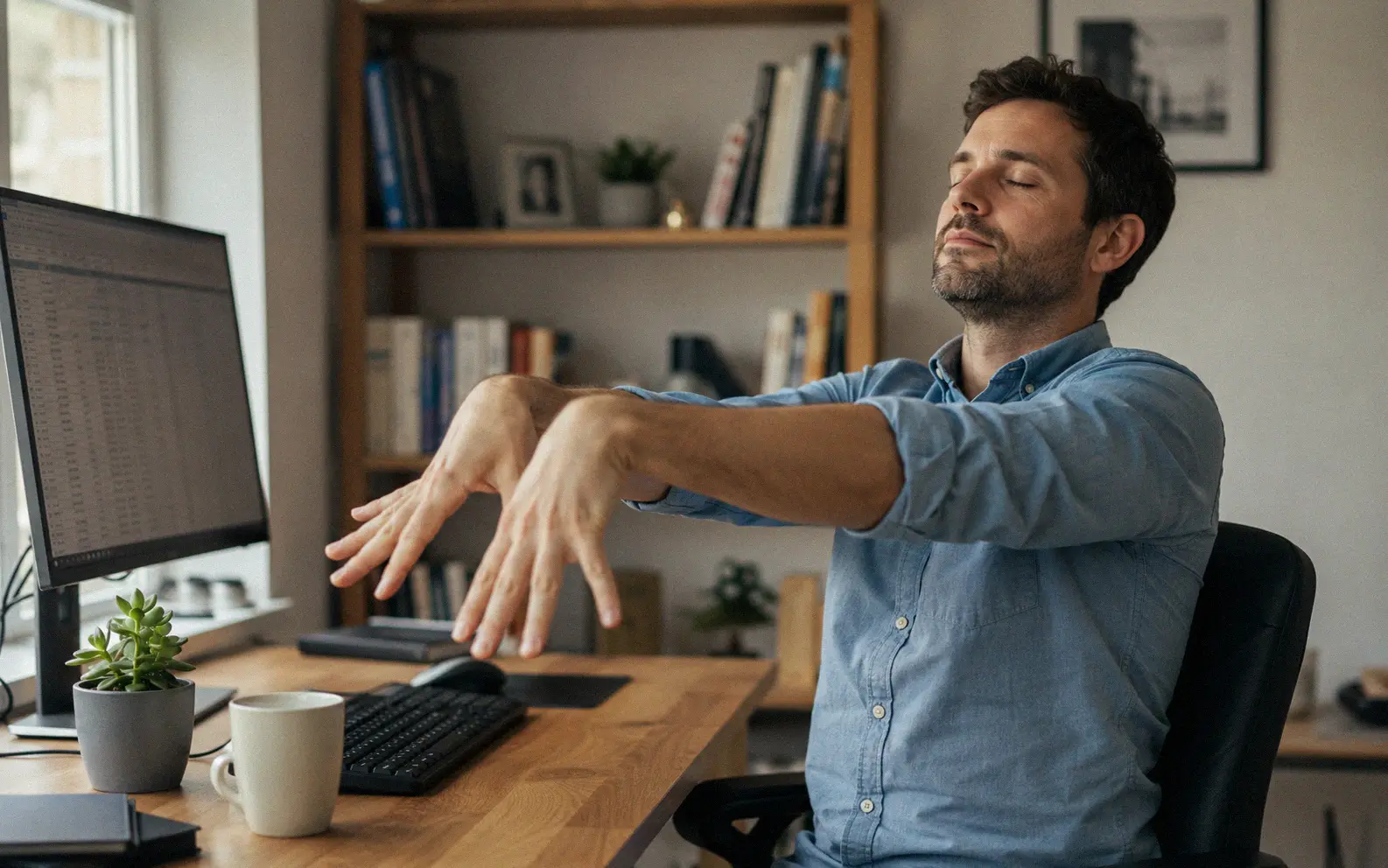 Person performing wrist and shoulder stretches at their desk during a micro-break
