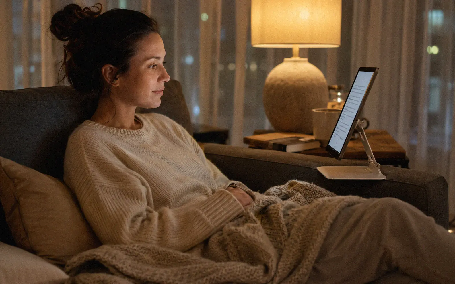 Person reading a tablet propped on a stand at eye level with neutral neck posture