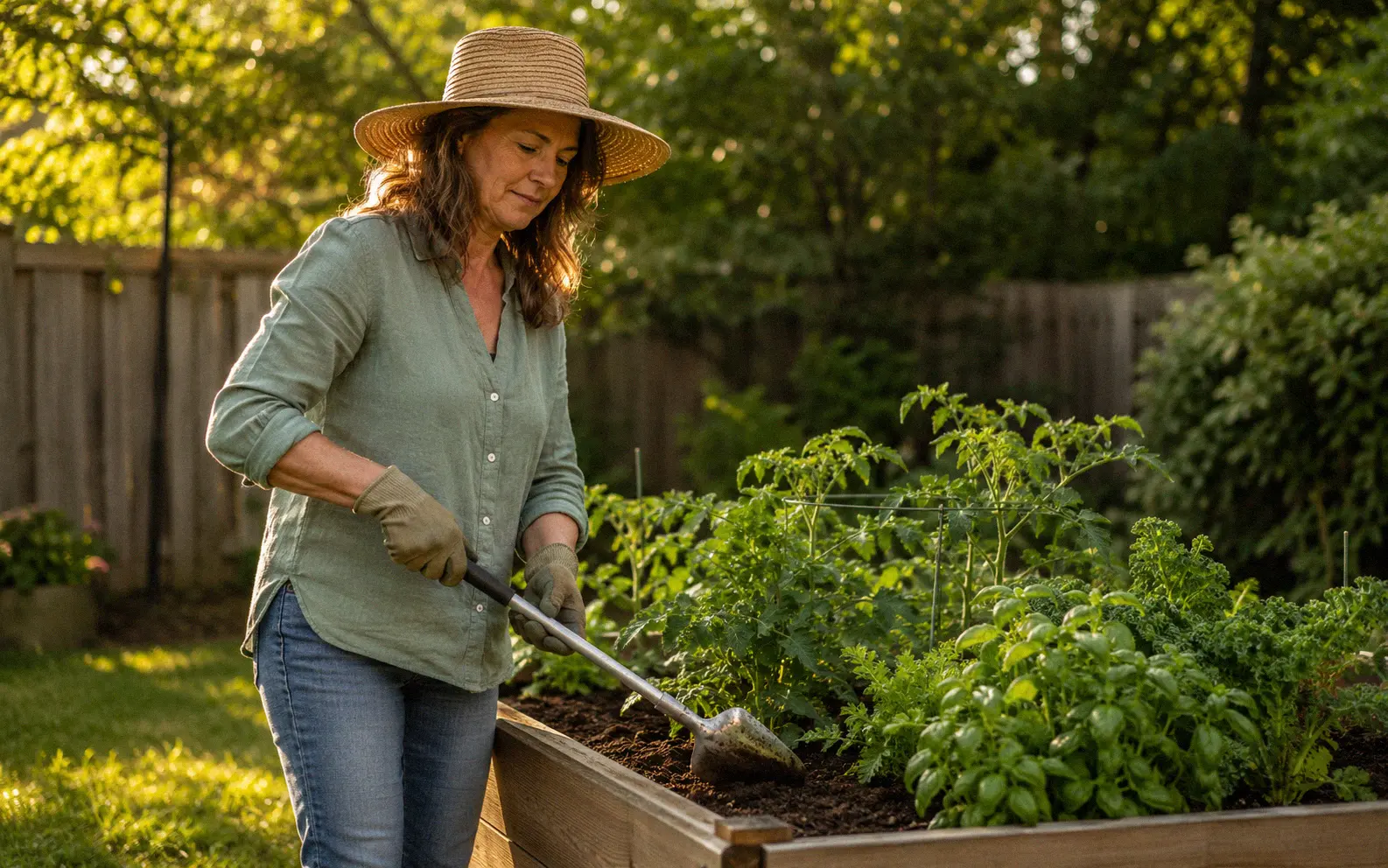 Person gardening at a raised bed using long-handled ergonomic tools with proper upright posture