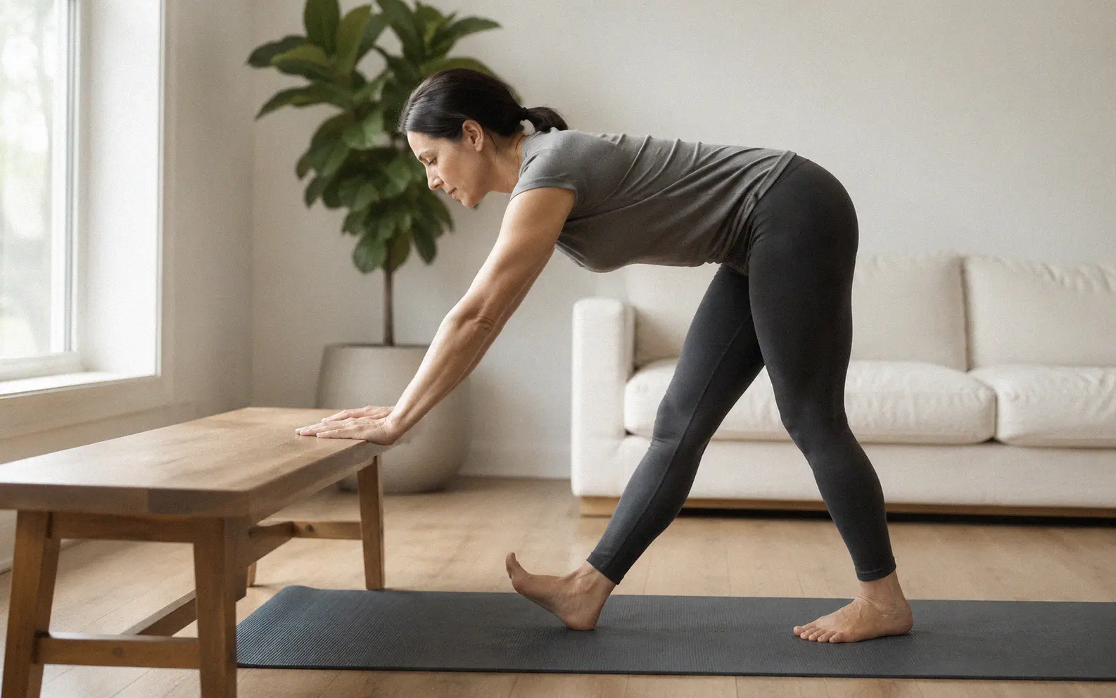 Person performing a standing hamstring stretch as part of a daily ergonomic fitness routine