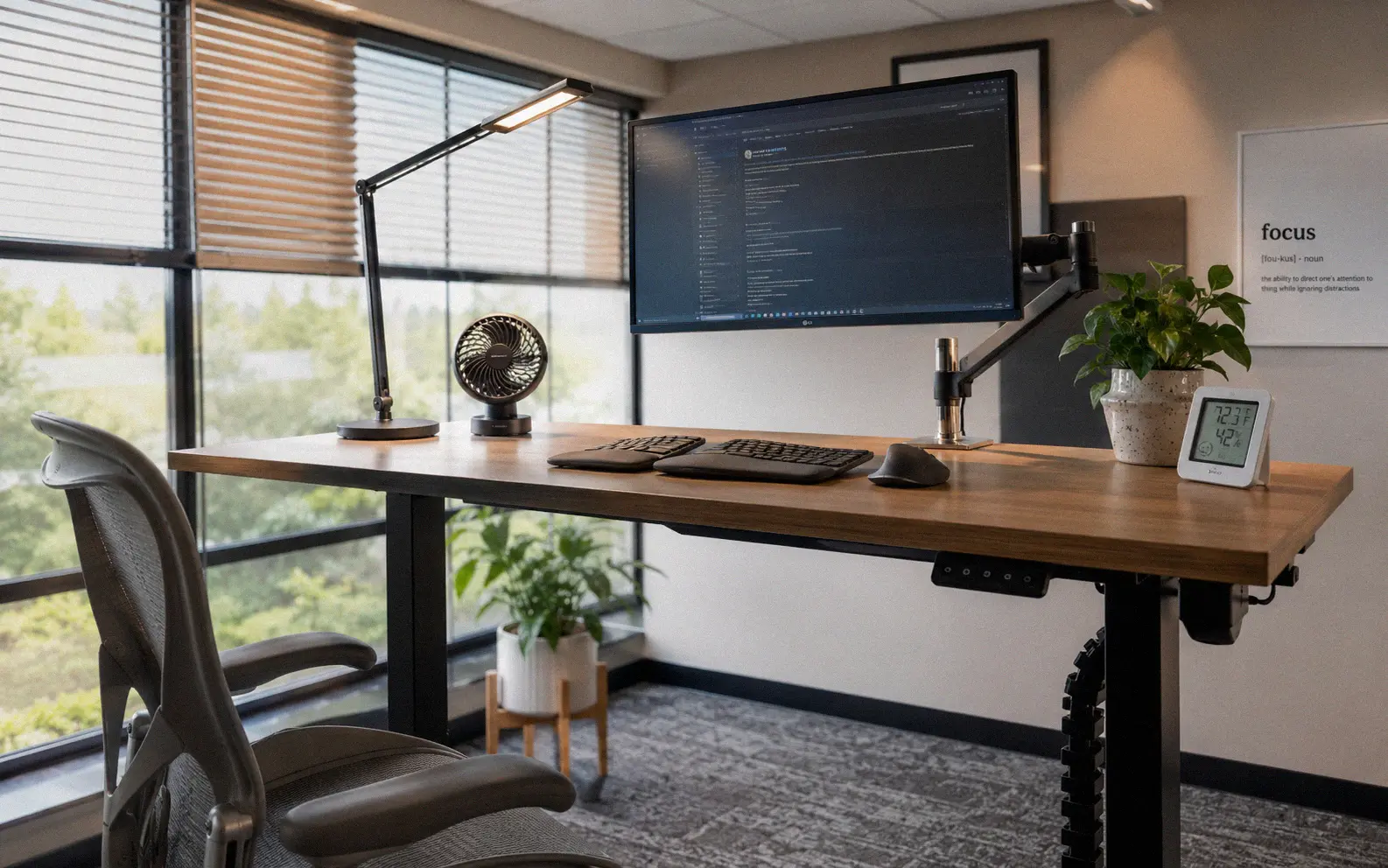 Ergonomic workstation featuring adjustable lighting and proper environmental controls