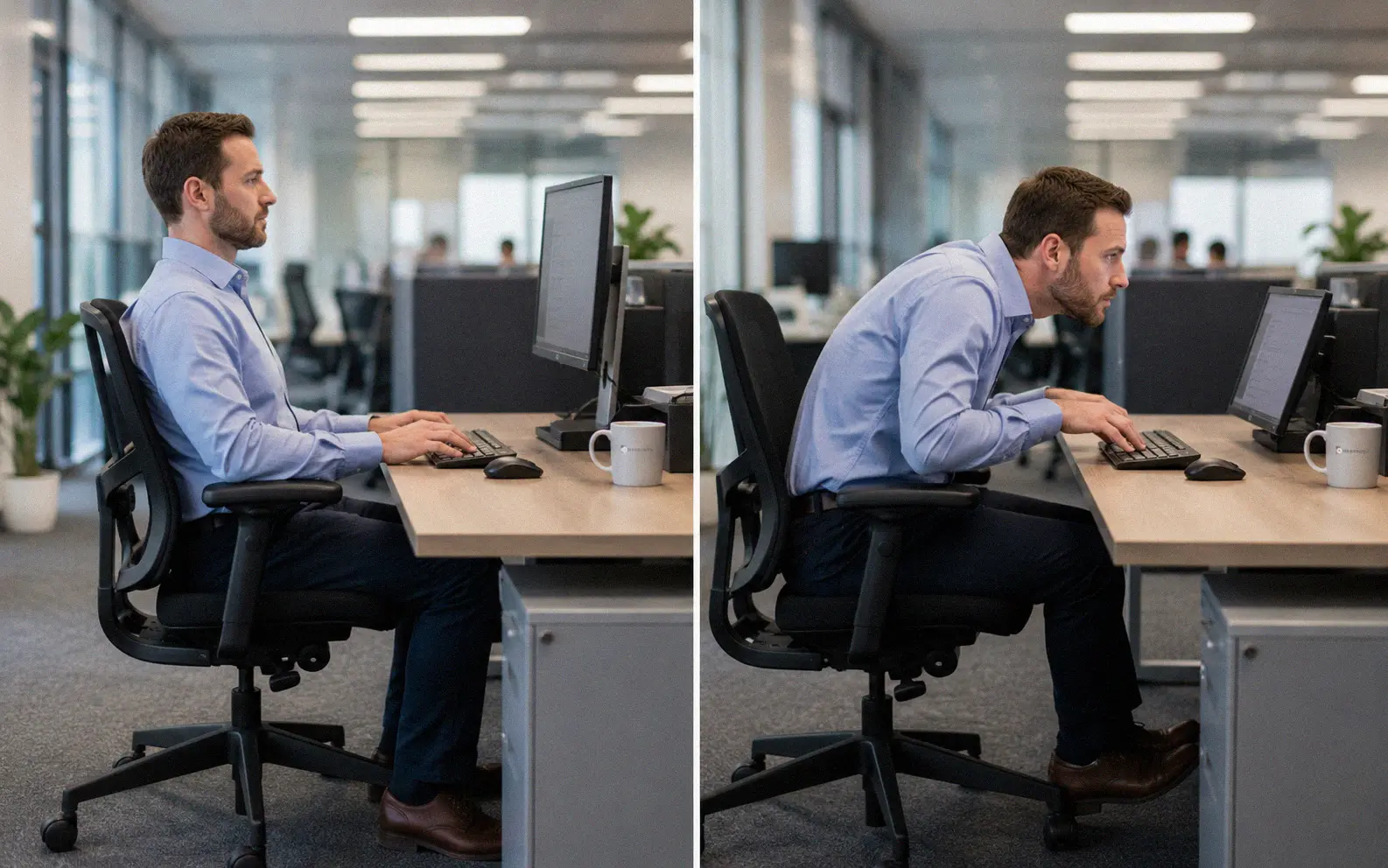 Worker demonstrating neutral versus awkward posture at a desk workstation