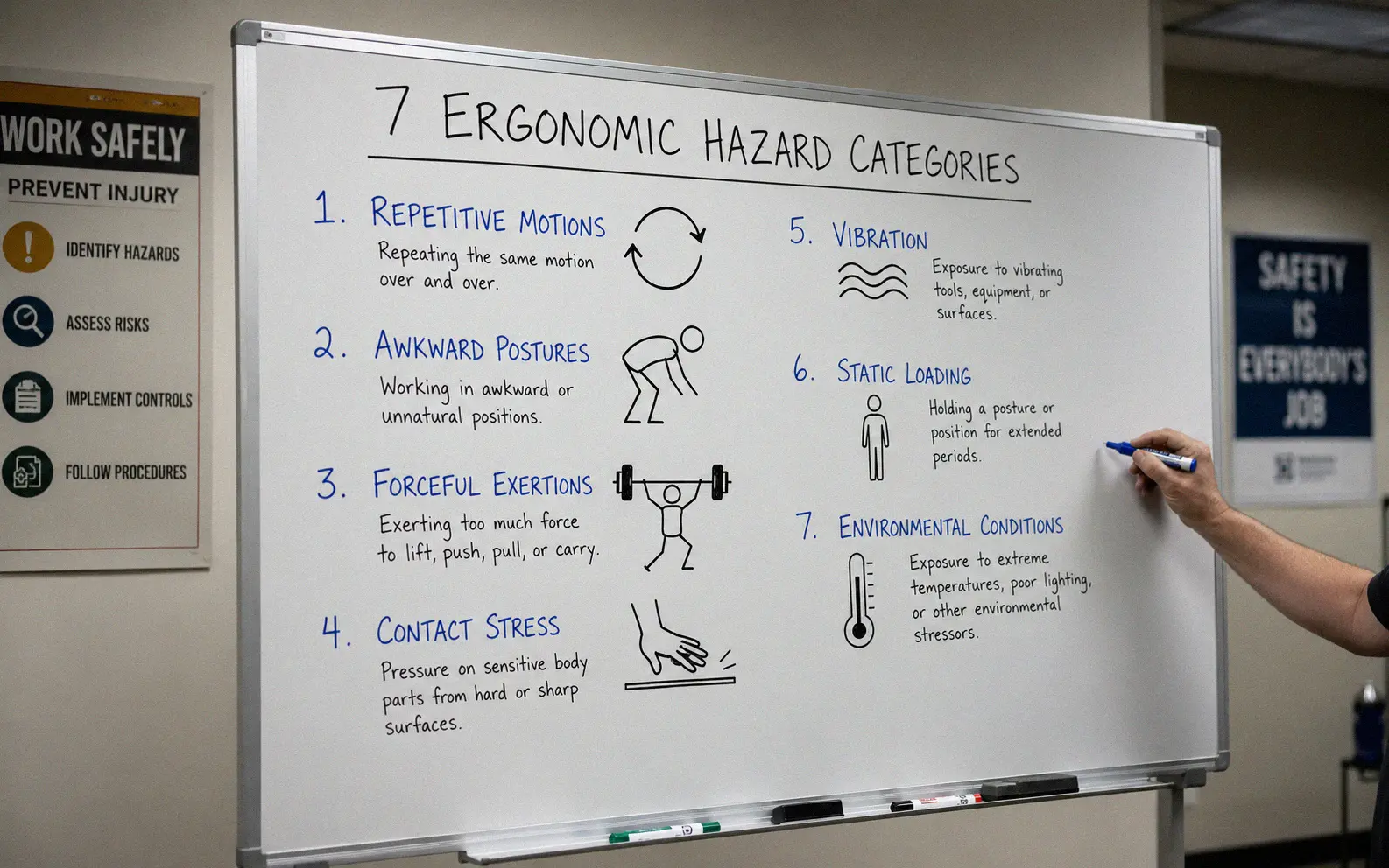 Diagram showing the seven types of ergonomic hazards in the workplace
